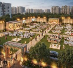 Large decorated event hall for 400+ guests in Dwarka with seating and stage