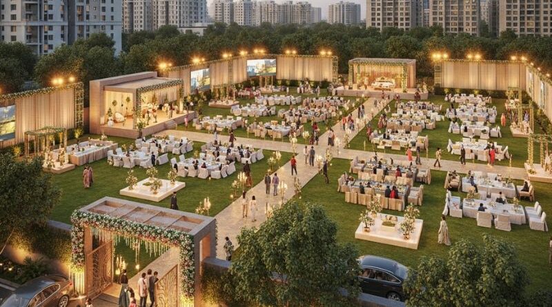 Large decorated event hall for 400+ guests in Dwarka with seating and stage