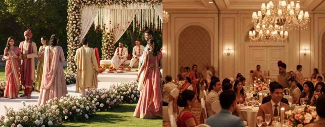 Indoor vs outdoor wedding venue Dwarka comparison showing banquet hall and garden wedding setup in Delhi climate