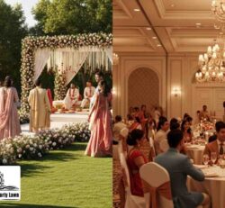 Indoor vs outdoor wedding venue Dwarka comparison showing banquet hall and garden wedding setup in Delhi climate